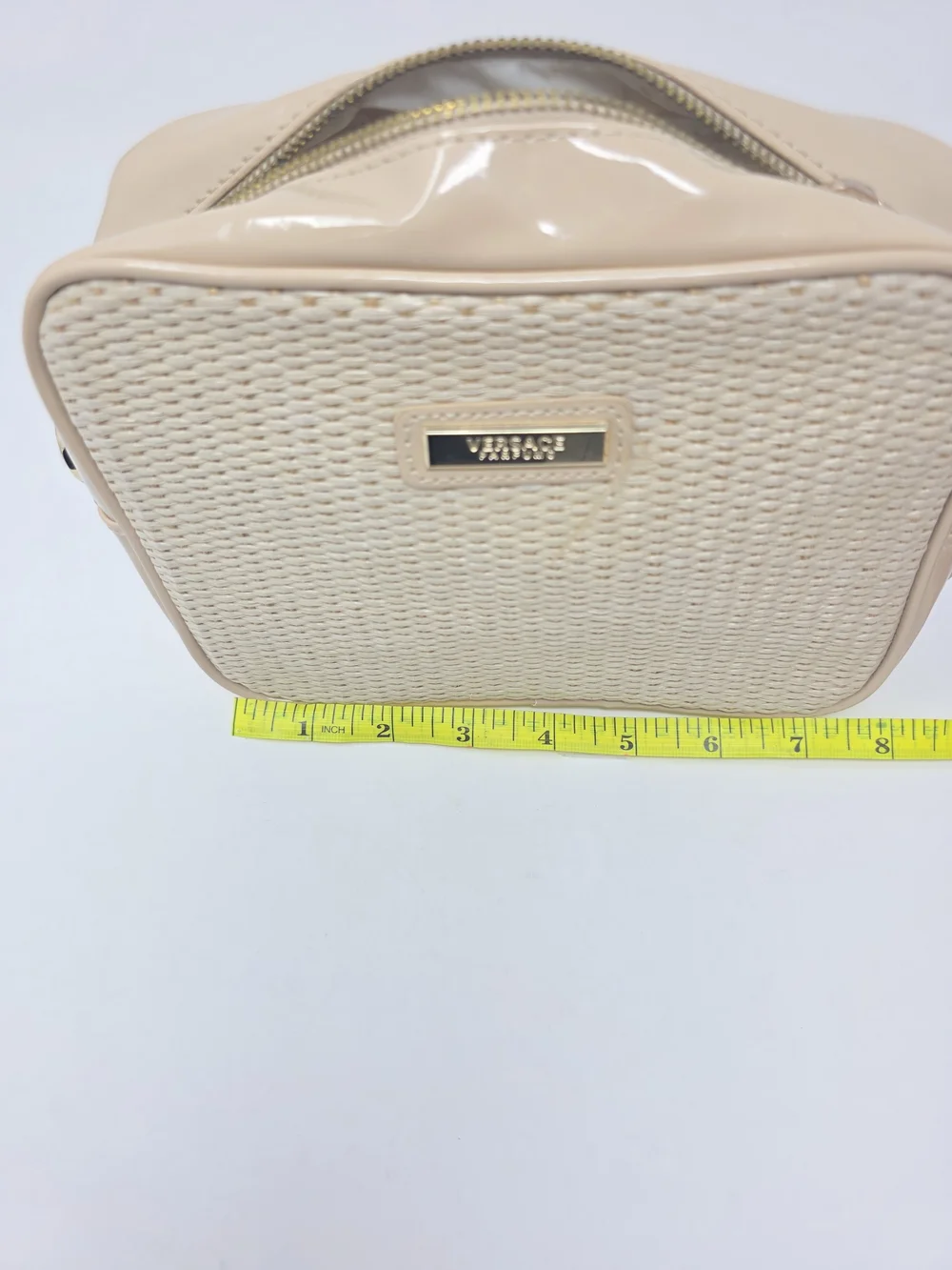 VERSACE Woven Bag Gloss Trim Makeup Cosmetic Perfume Bag Tan Gold Zip Closure
